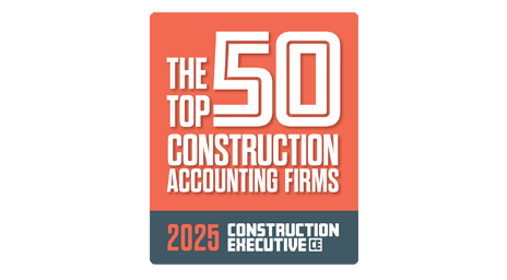Rectangular badge reading The Top 50 Construction Accounting Firms 2025 Construction Executive CE in white and orange text on a gray and orange background.