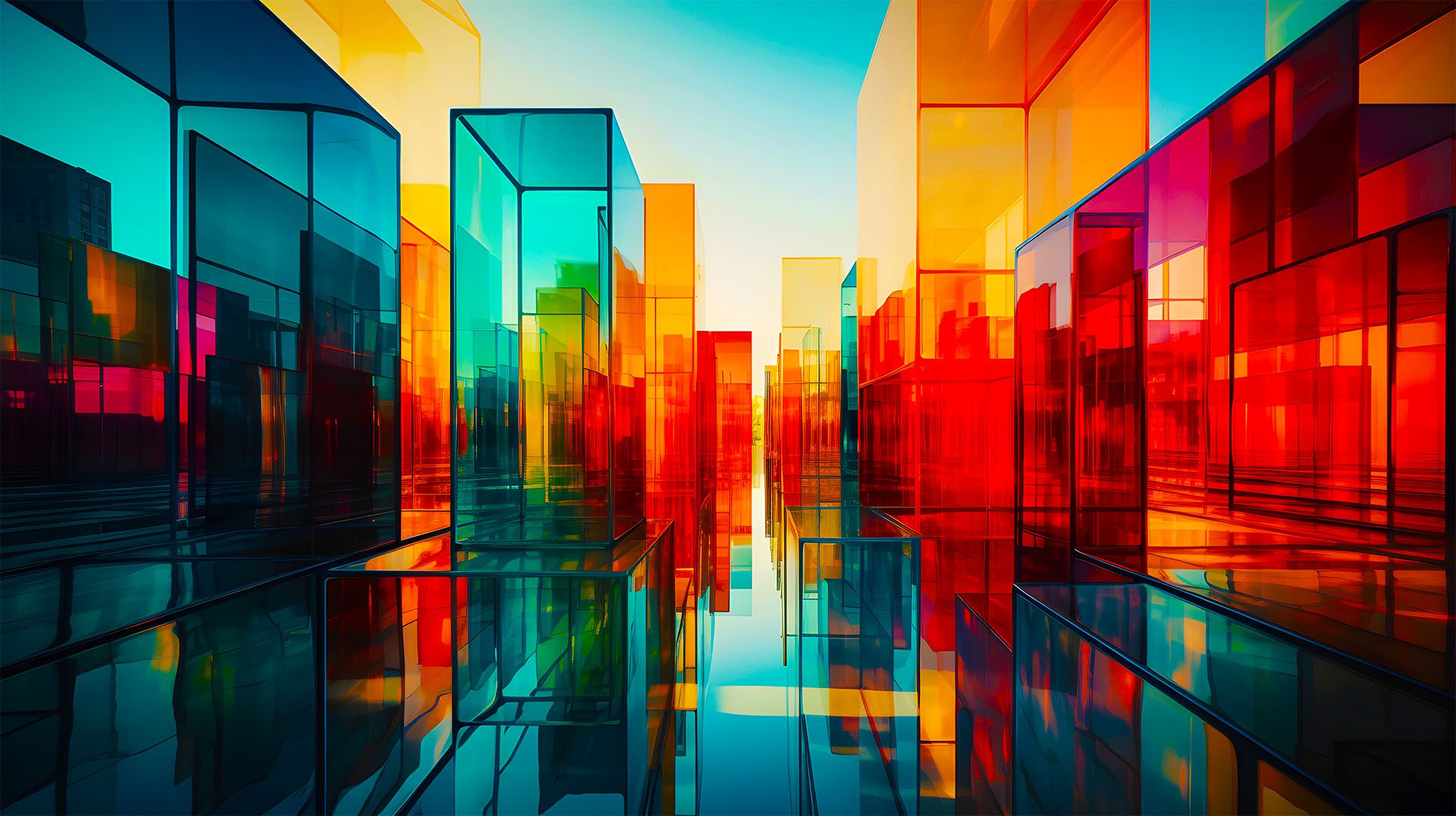 Colorful, translucent rectangular glass structures in red, orange, and blue create a geometric cityscape with reflections on a glossy surface under a clear sky.