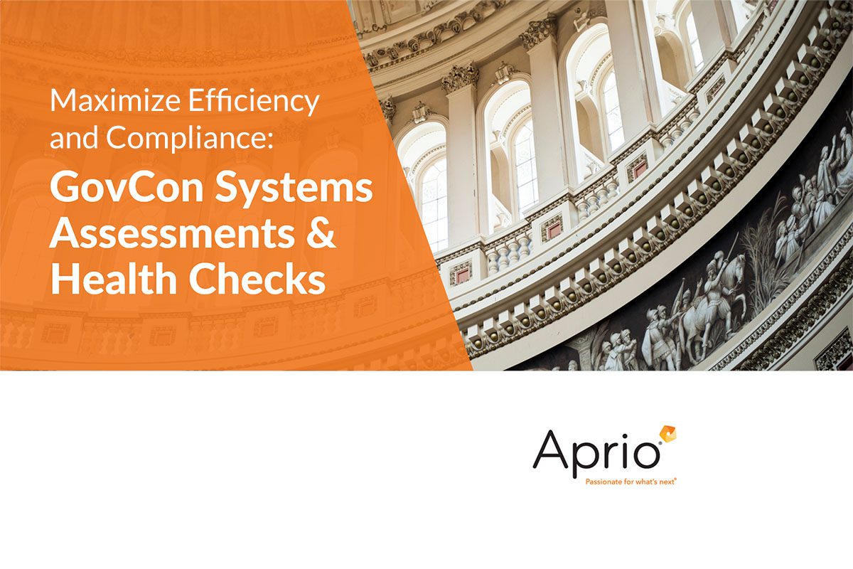Promotional graphic for Aprio featuring the U.S. Capitol dome and text about GovCon systems assessments and health checks for efficiency and compliance.