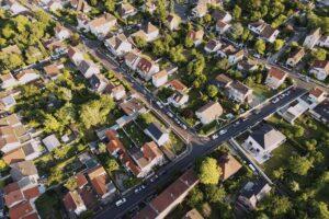 Aerial view over houses