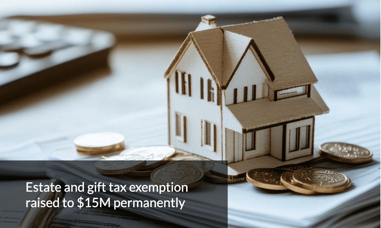 Tiny cardboard model of a house sits on a stack of papers alongside gold coins. Text in bottom left reads 