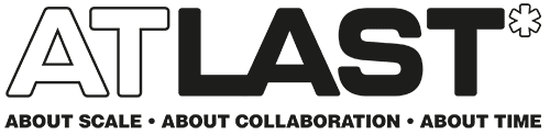 Text logo reads AT LAST* in bold letters, with the phrases ABOUT SCALE • ABOUT COLLABORATION • ABOUT TIME underneath.