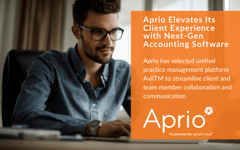 A man works on a laptop at a desk; overlay text describes Aprio choosing AviiTM accounting software to improve client and team collaboration. Aprio logo appears at the bottom right.
