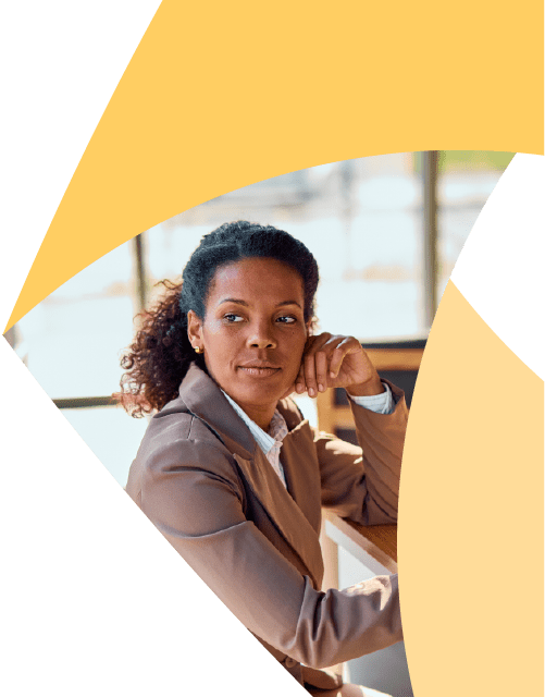 In a corner of the Aprio pinwheel logo, a woman in a brown jacket stares dramatically at something off frame