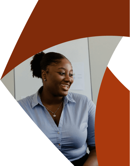 In the corner of the Aprio pinwheel logo, a woman in a blue shirt smiles at something off camera