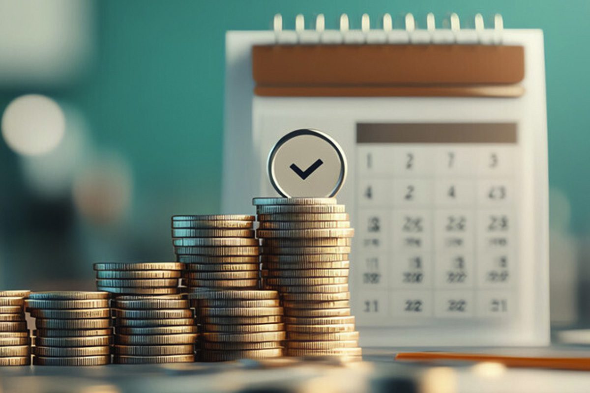 Stacks of coins balance a circle with a checkmark in it. Blurred in the background is a white and brown calendar