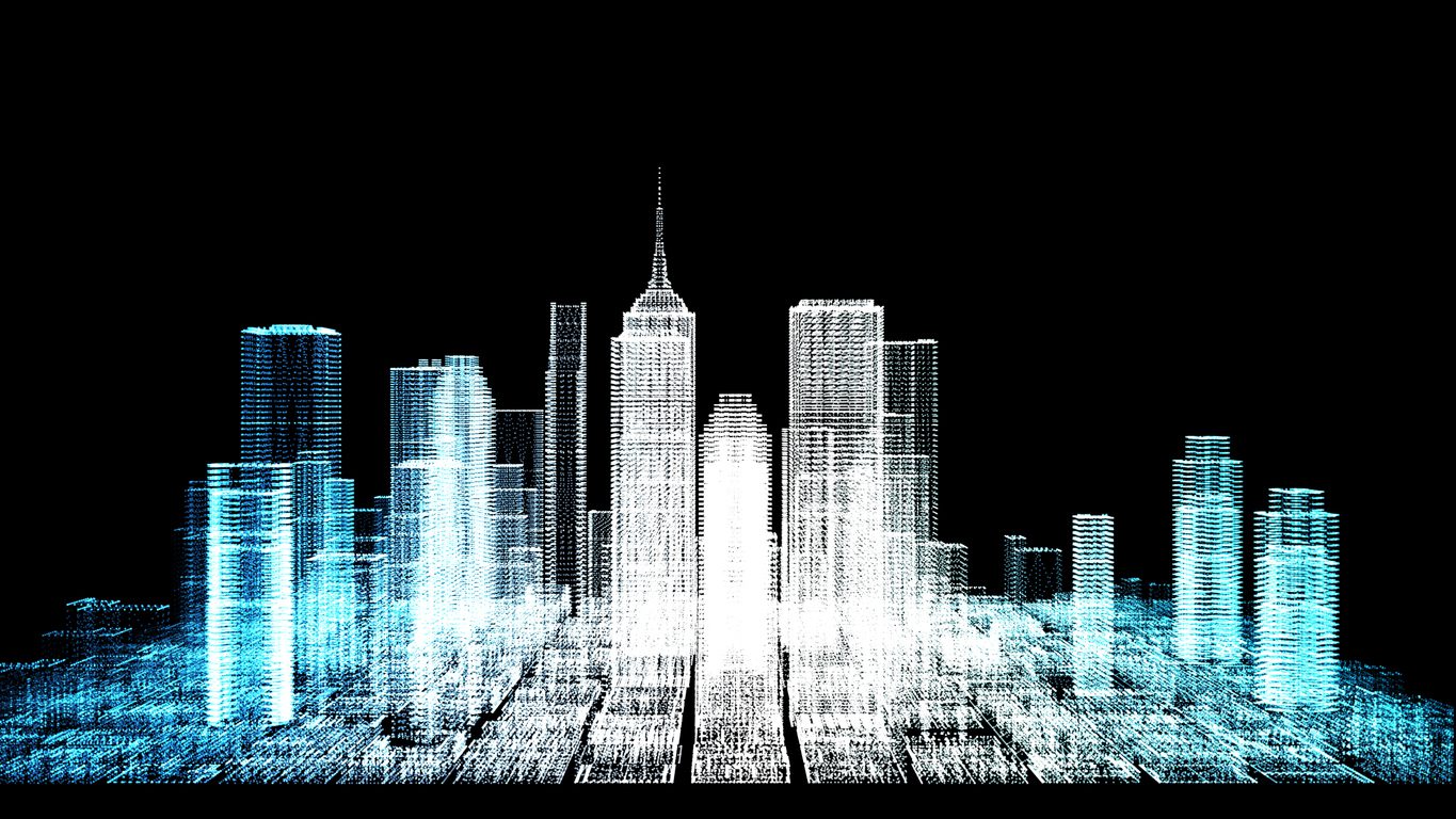 Digital rendering of a city skyline with tall buildings, depicted using glowing blue and white lines on a black background.