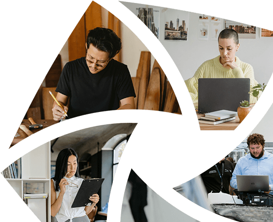 A collage of four people working: writing, using laptops, and reading a clipboard in various office and home settings.