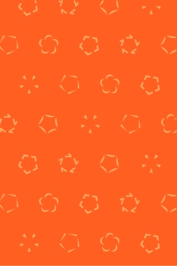 Variations of the Aprio pinwheel appear in light orange on a bold orange background
