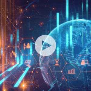 Digital illustration of a globe with data charts, network icons, and glowing lines, representing global technology, data analytics, and digital connectivity.
