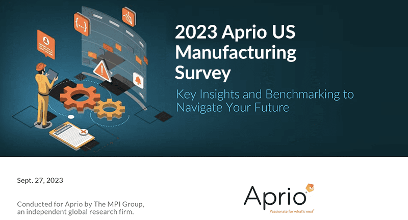 A digital graphic for the 2023 Aprio US Manufacturing Survey, featuring a person analyzing data charts and text about key insights and benchmarking.