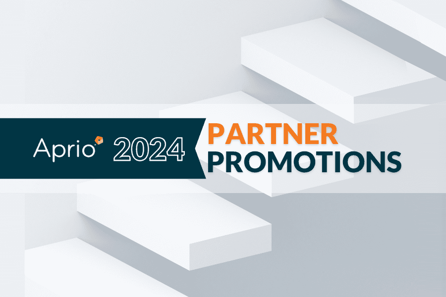 A modern graphic with white steps in the background and text reading Aprio 2024 Partner Promotions in the foreground.