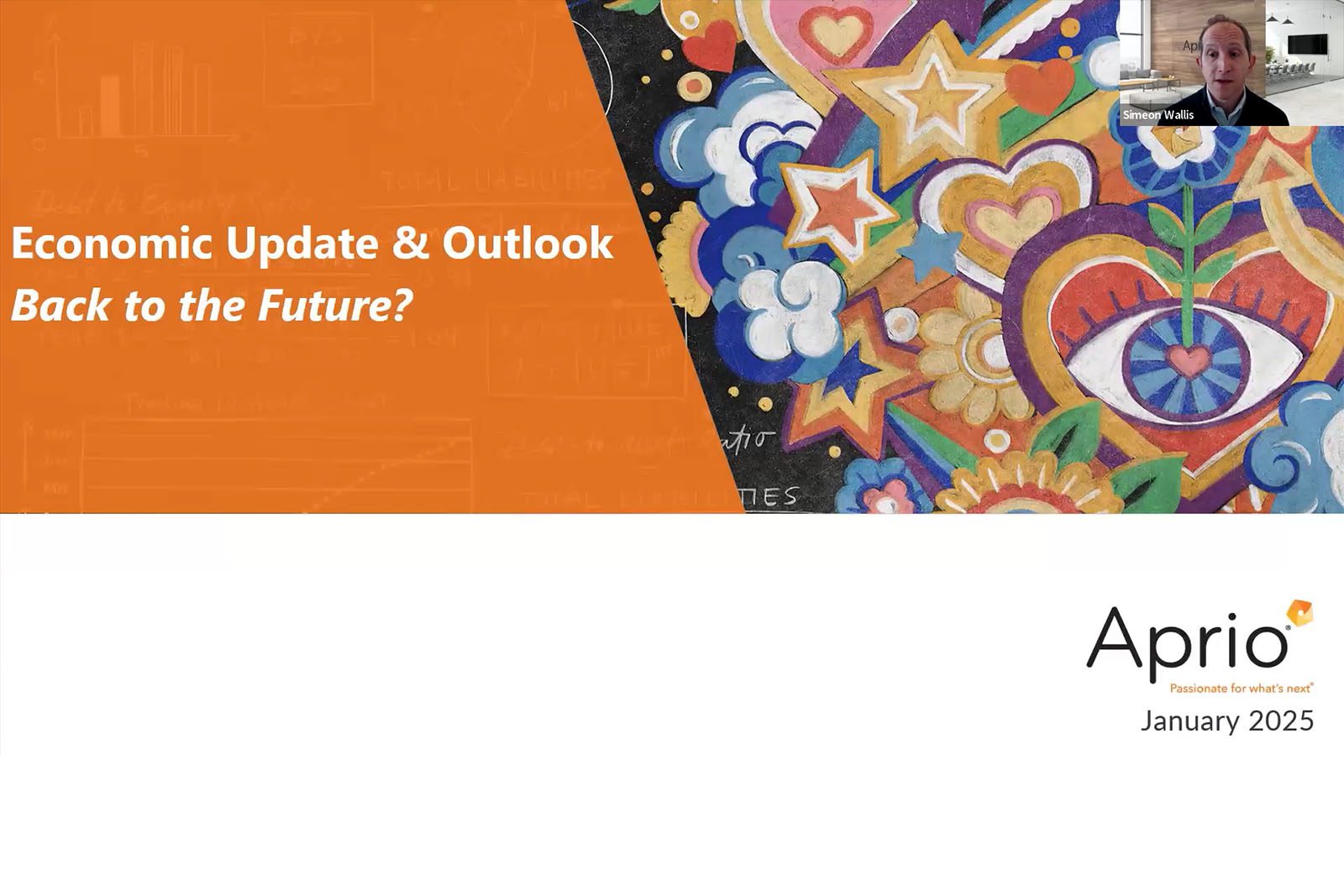Presentation slide titled Economic Update & Outlook: Back to the Future? with colorful abstract art and a small video call window in the top right corner showing a speaker. Aprio, January 2025.
