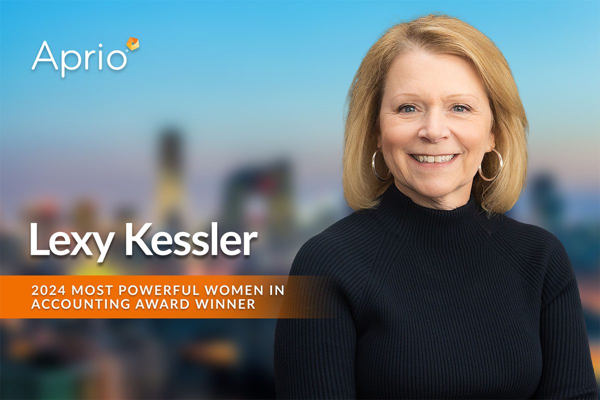 Portrait of Lexy Kessler smiling, with the Aprio logo and text stating 2024 Most Powerful Women in Accounting Award Winner over a blurred cityscape background.