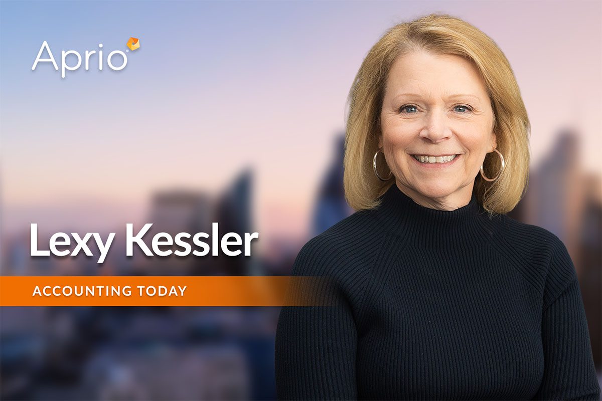 A woman with shoulder-length blonde hair in a dark sweater stands in front of a blurred cityscape. Text reads Aprio, Lexy Kessler, and Accounting Today.