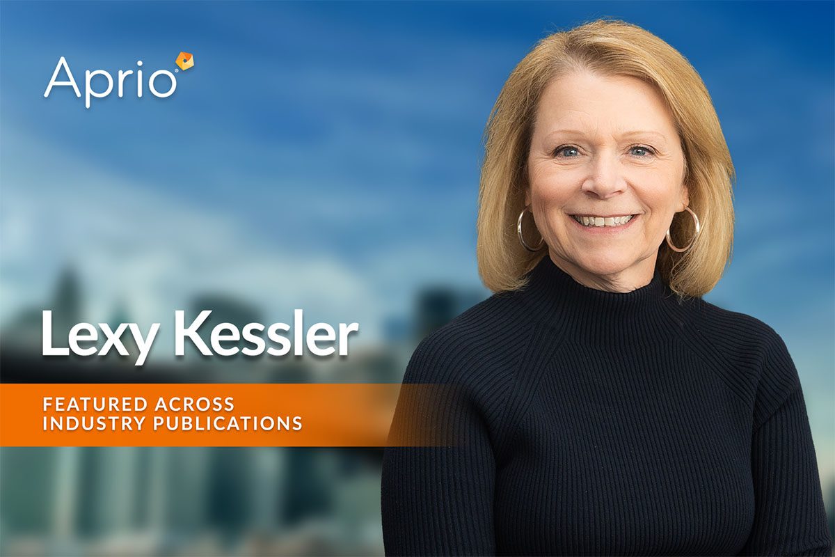 A woman in a black sweater smiles at the camera with text reading Aprio, Lexy Kessler, and Featured Across Industry Publications over a blurred city background.