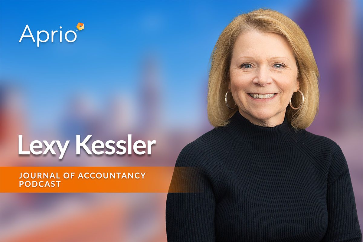 A woman with blonde hair and a black sweater smiles at the camera. The image features the text Aprio, Lexy Kessler, and Journal of Accountancy Podcast on a blurred blue background.