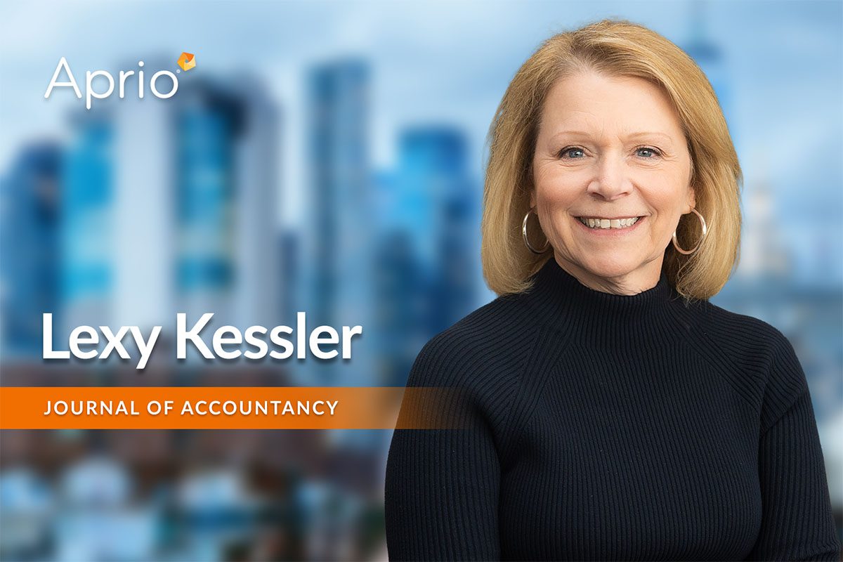 Woman with shoulder-length blonde hair wearing a black sweater, smiling in front of a blurred cityscape, with text: Aprio, Lexy Kessler, Journal of Accountancy.