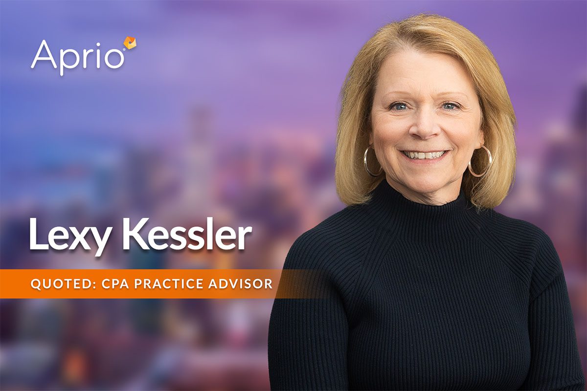 Portrait of Lexy Kessler smiling, with the Aprio logo and text noting her quote in CPA Practice Advisor, set against a blurred background.