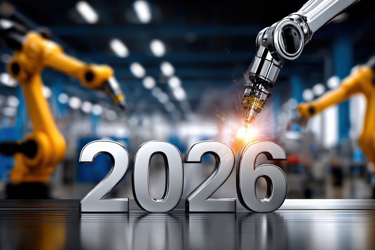 Robotic arms work in a factory setting with metallic numbers 2026 in the foreground; sparks are emitted from one robotic arm welding the numbers.