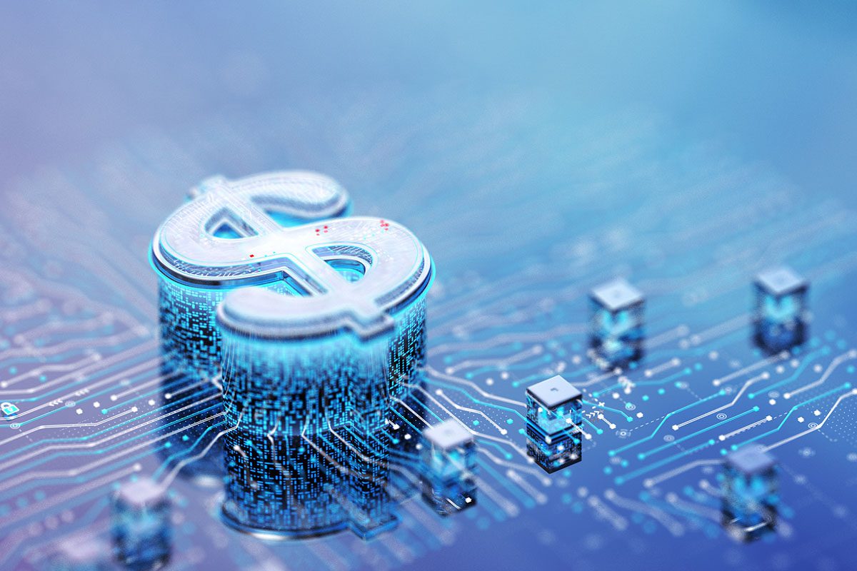 A digital rendering of a dollar sign integrated into a blue circuit board, symbolizing the concept of digital finance or electronic currency.