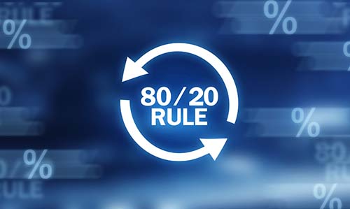A graphic showing two circular arrows around the text 80/20 RULE on a blue background with percentage symbols.