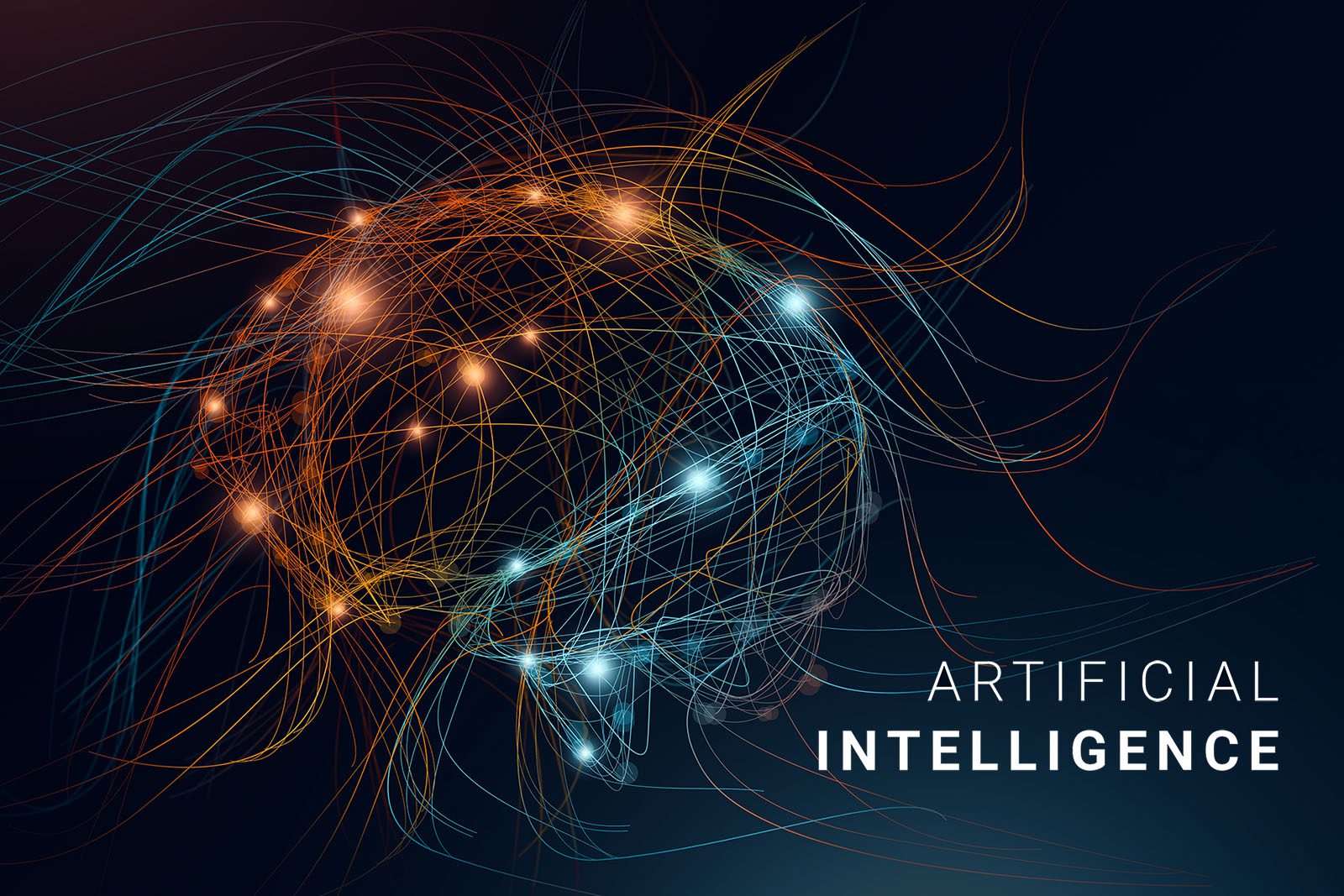 Digital illustration of a human brain with glowing neural connections, accompanied by the text Artificial Intelligence on a dark background.