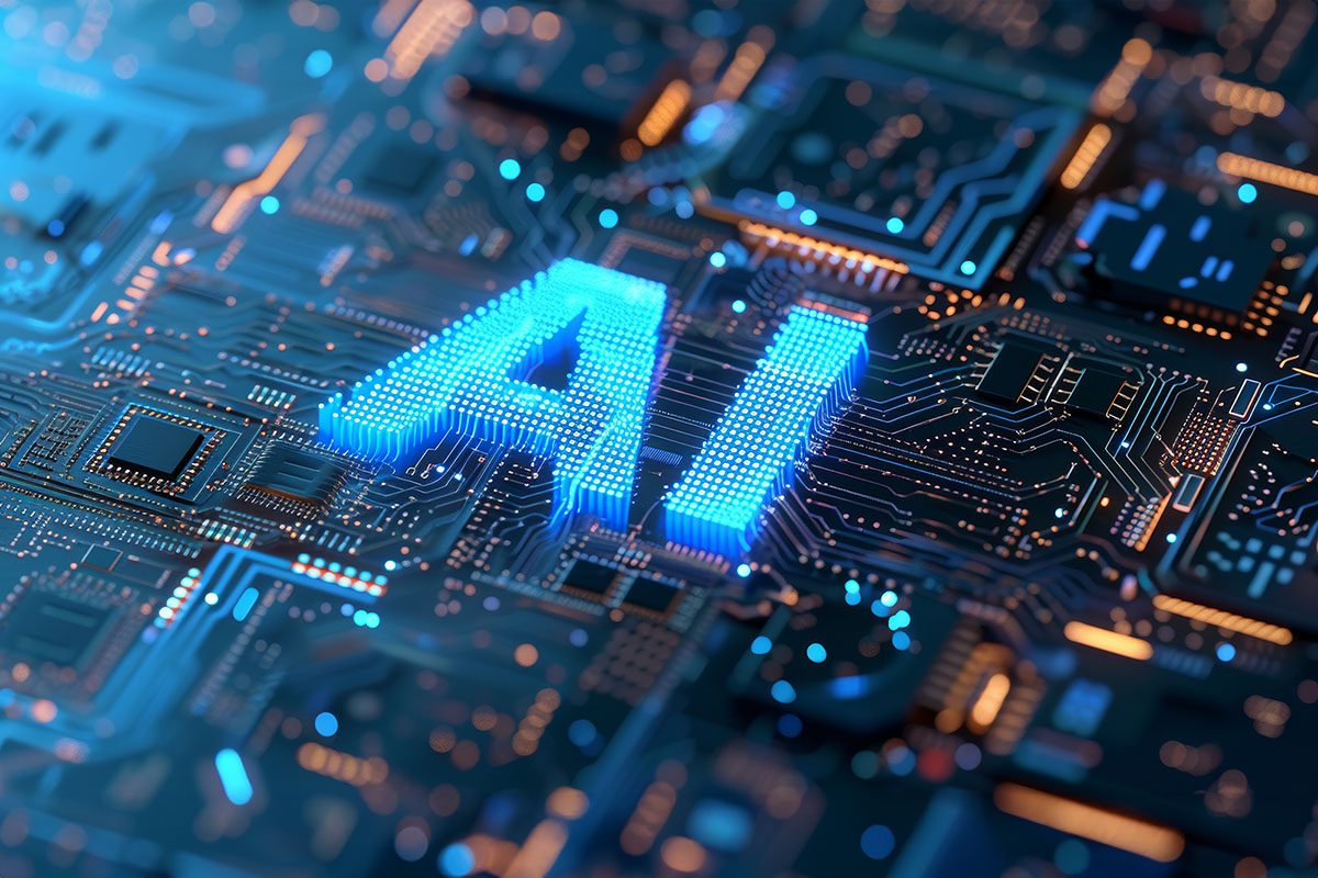The letters AI glow in blue on a computer circuit board, symbolizing artificial intelligence technology integrated with hardware.