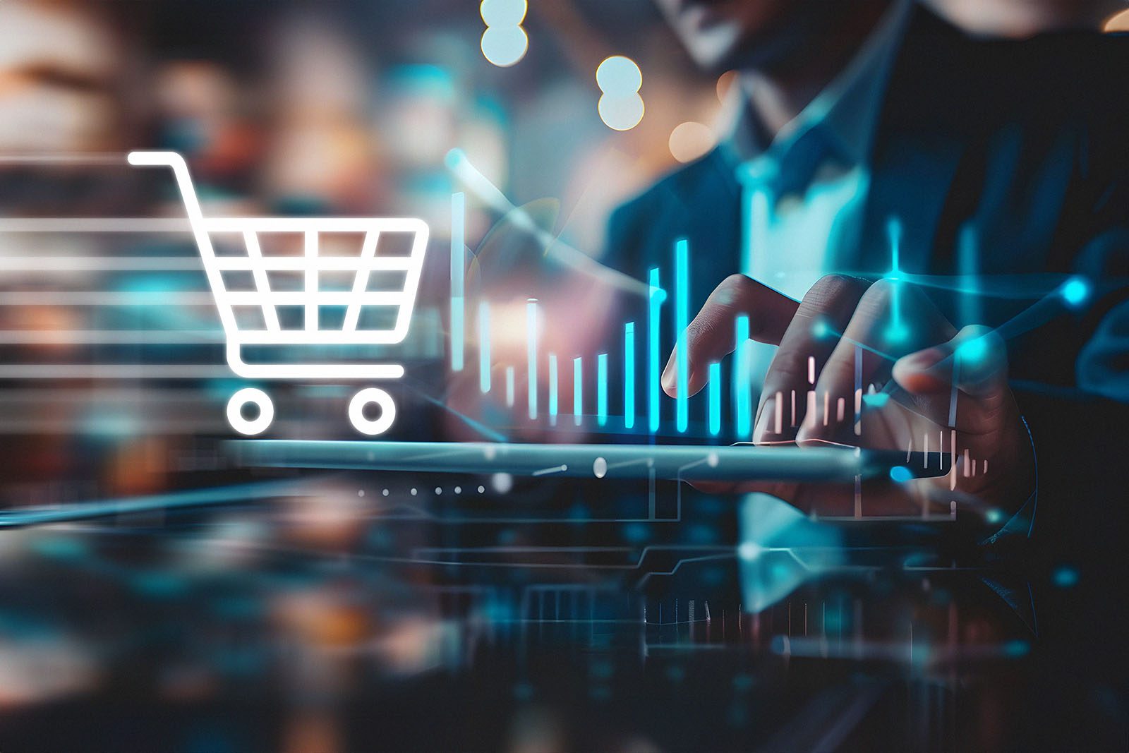 Person using a tablet with digital graphics of a shopping cart and bar chart, symbolizing online shopping and e-commerce data analysis.