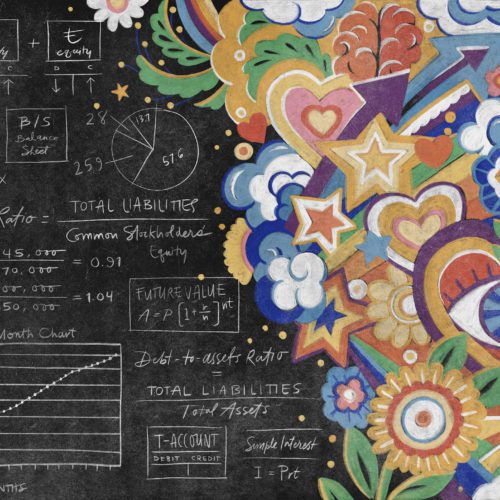 Chalkboard with finance formulas, graphs, and diagrams on the left; colorful abstract art with flowers, stars, and shapes on the right.