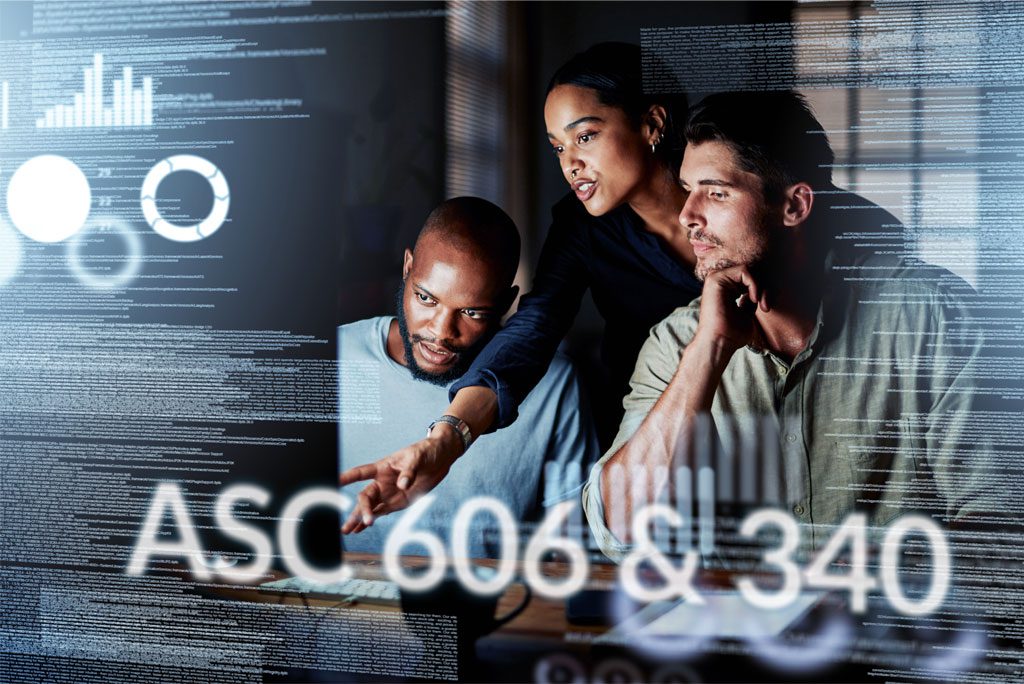 Three people work together at a computer, analyzing data with digital graphs overlaid, and the text ASC 606 & 340 displayed prominently in the foreground.