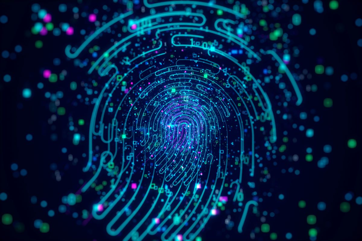 A digital fingerprint in blue and neon colors set against a dark background with scattered multicolored particles, symbolizing cyber security or digital identity.