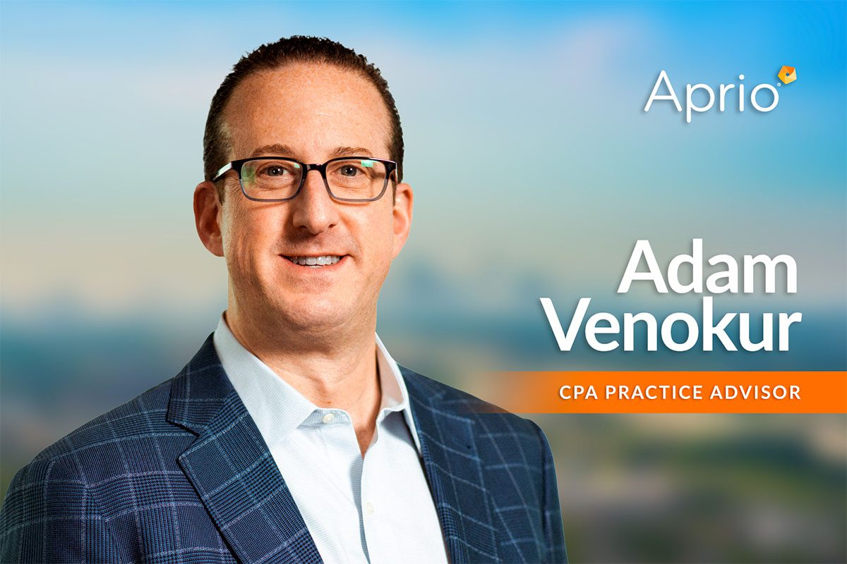 A man in glasses and a plaid blazer stands in front of a blurred background. Text on the image reads, “Aprio Adam Venokur CPA Practice Advisor.”.