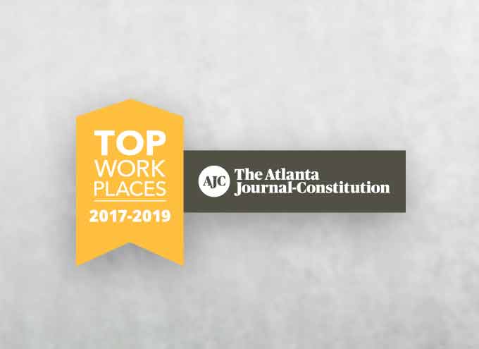 A badge reading Top Work Places 2017-2019 next to The Atlanta Journal-Constitution logo on a gray background.