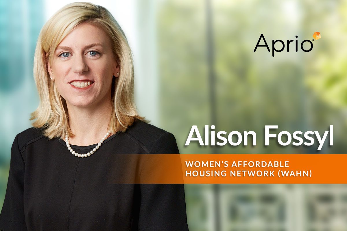 Professional headshot of Alison Fossyl, with text identifying her as part of the Womens Affordable Housing Network (WAHN) and the Aprio logo in the background.