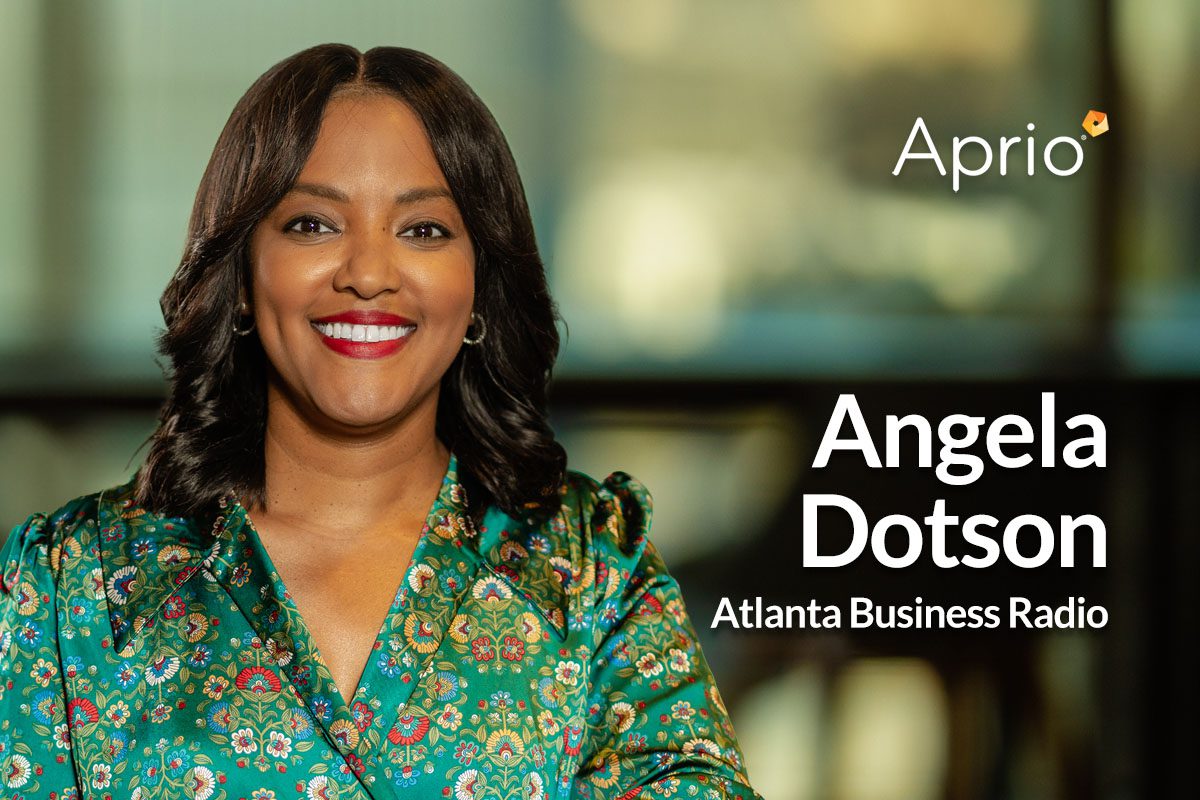 A woman with shoulder-length dark hair smiles at the camera. Text reads: Aprio. Angela Dotson. Atlanta Business Radio.