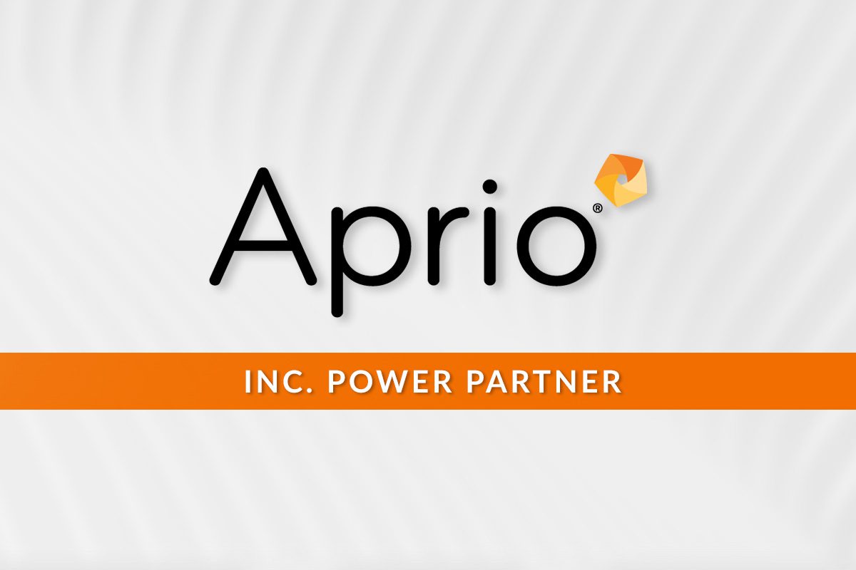 Aprio logo above an orange banner with white text reading Inc. Power Partner on a light grey patterned background.