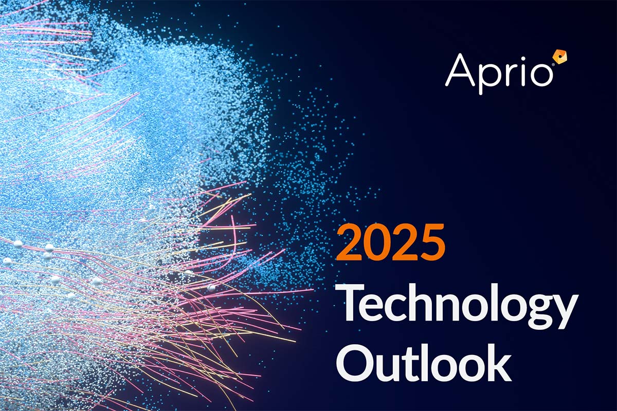 Abstract blue and pink digital particles with the text 2025 Technology Outlook and Aprio logo on a dark background.