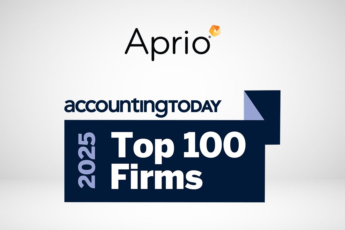 Aprio logo above a graphic that reads accountingTODAY 2025 Top 100 Firms on a dark blue banner.