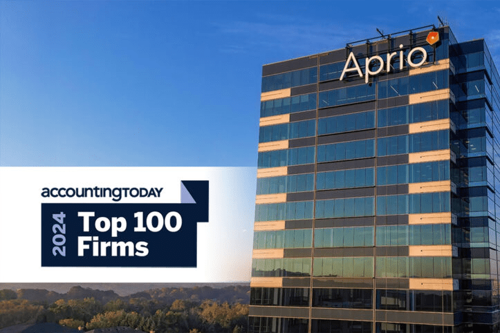 The image shows a glass office building with the Aprio logo and a graphic reading accountingTODAY 2024 Top 100 Firms against a clear sky backdrop.