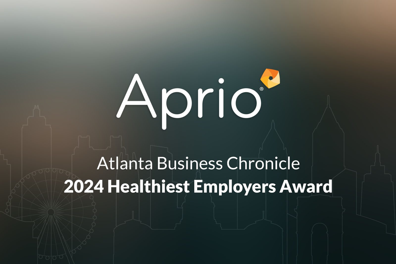 Aprio logo with text: Atlanta Business Chronicle 2024 Healthiest Employers Award over a faint cityscape background.