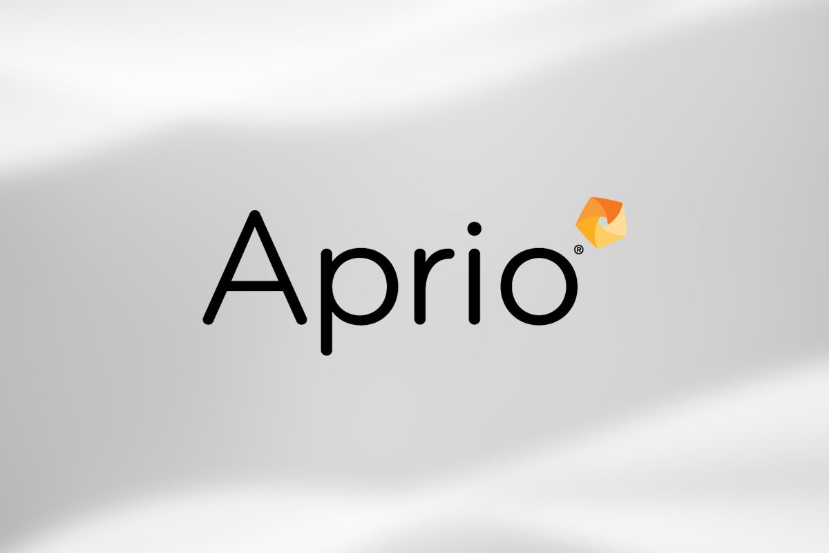 The image shows the Aprio logo with black text and an orange geometric shape above the letter i on a light gray background.