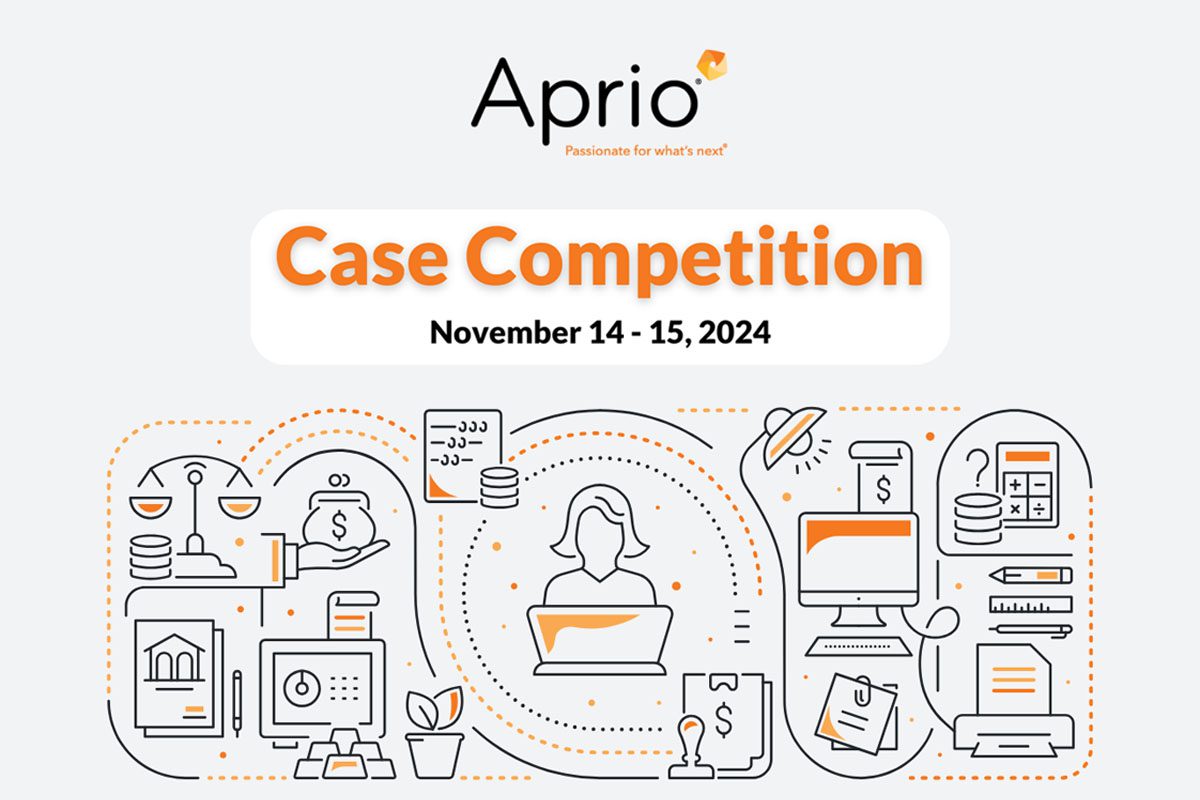 Aprio Case Competition, November 14-15, 2024, with financial and business-themed illustrations in the background.