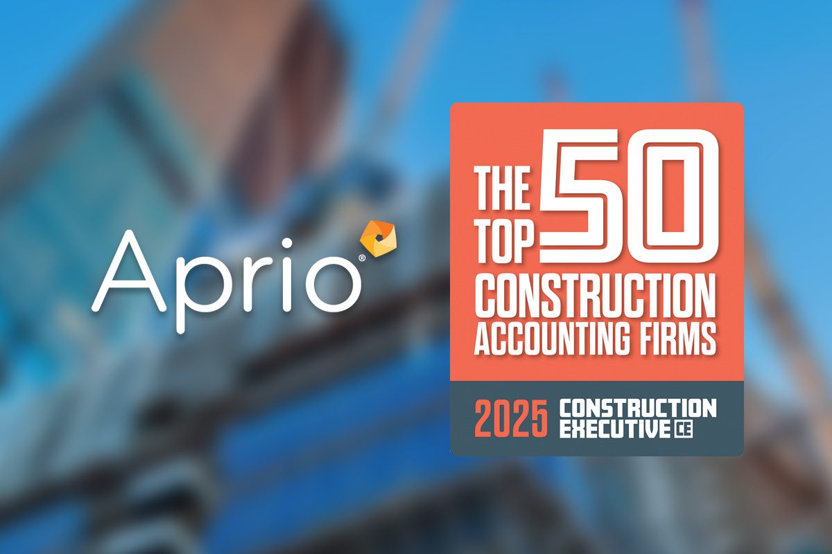 Aprio logo next to a badge that reads The Top 50 Construction Accounting Firms, 2025, Construction Executive CE, with a blurred construction site in the background.