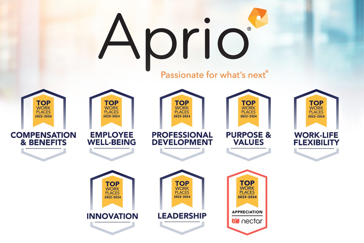 Aprio logo above eight award badges for Top Workplaces 2022-2024 in various categories, plus one badge for Appreciation by Nectar.