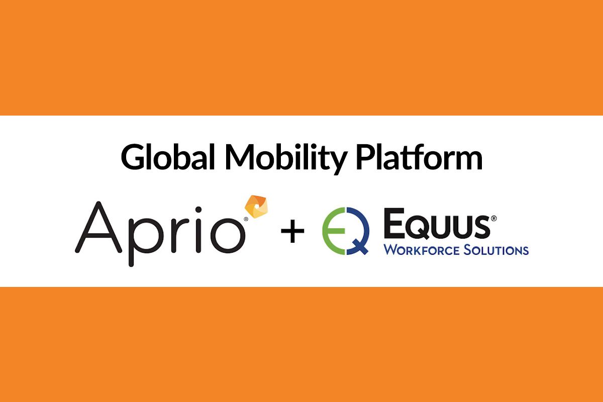 Logos of Aprio and Equus Workforce Solutions with the text Global Mobility Platform on an orange and white background.