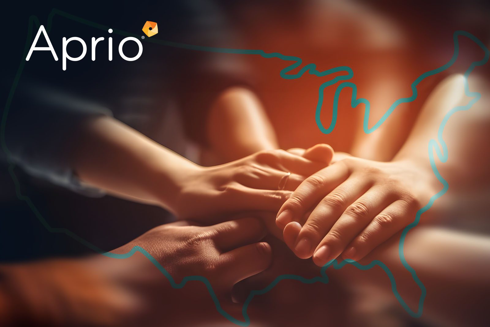 Several hands stacked together over a faint outline of the United States map with the Aprio logo in the top left corner.