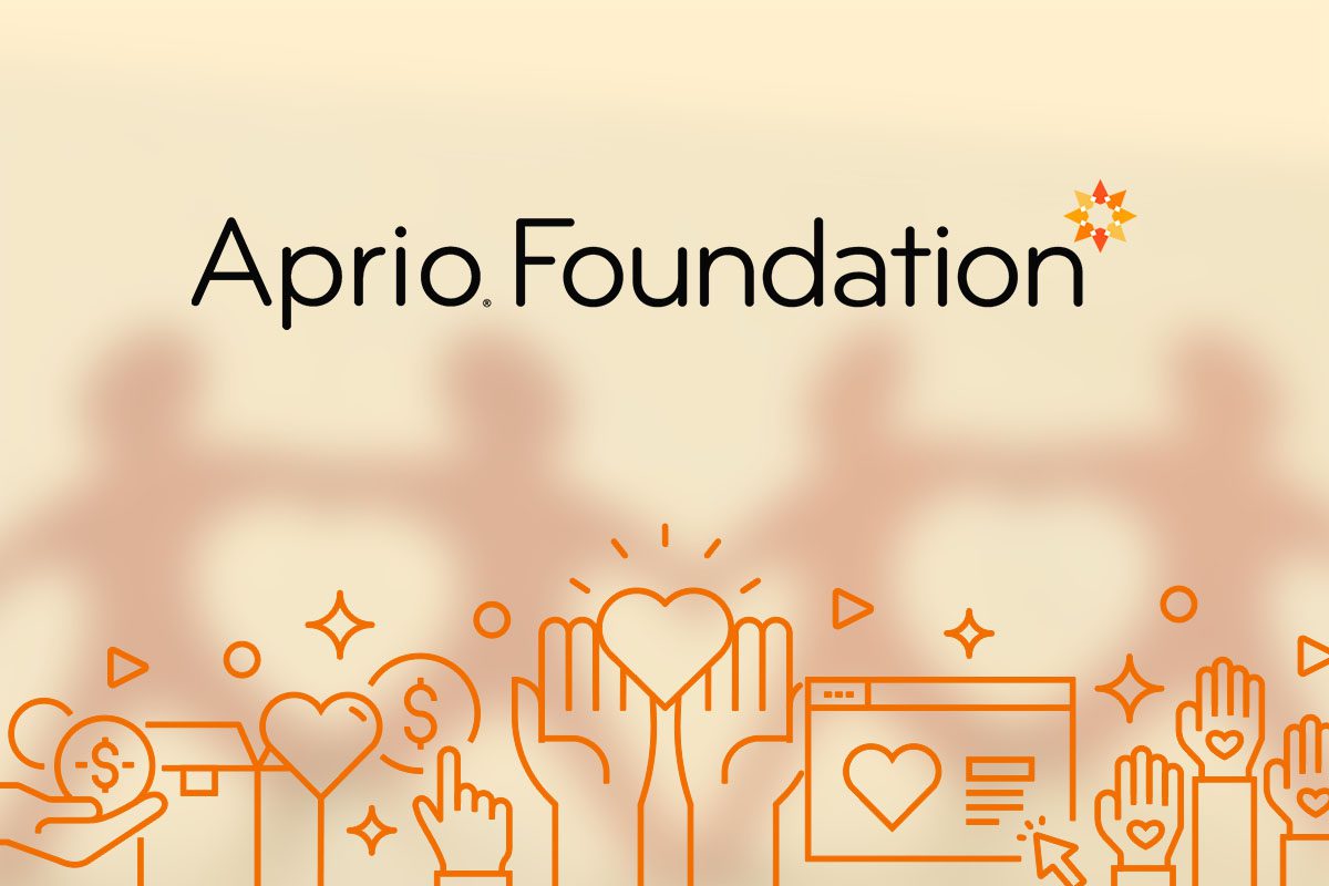 Aprio Foundation logo with illustrated hands holding hearts, donation icons, and silhouettes of people holding hands in the background.