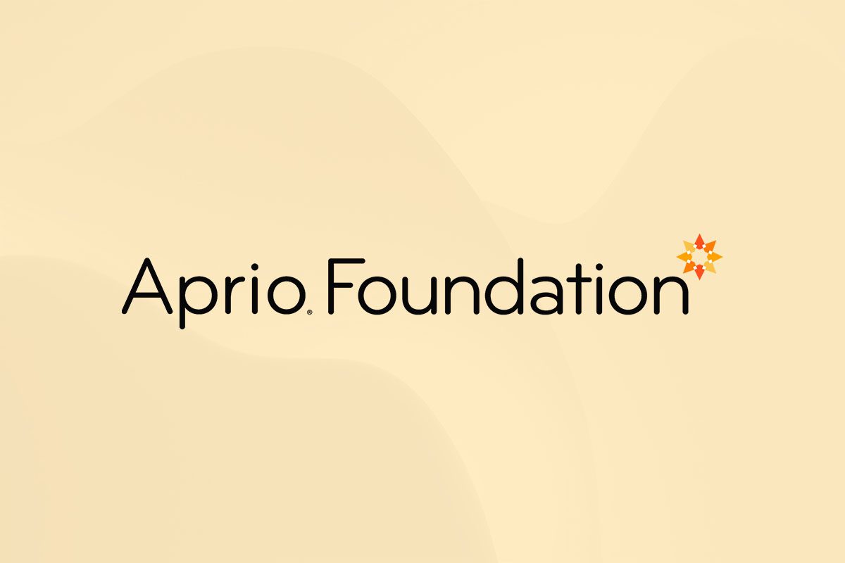 The words Aprio Foundation appear in black text on a beige background, with an orange and yellow geometric star logo replacing the dot above the i.