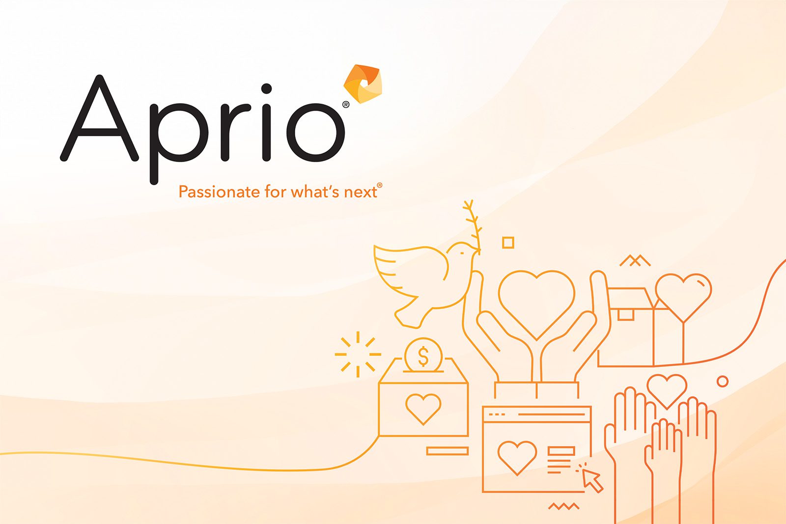 Aprio logo with the tagline Passionate for whats next alongside outlined graphics of hands, hearts, a dove, and a donation box on a light orange gradient background.
